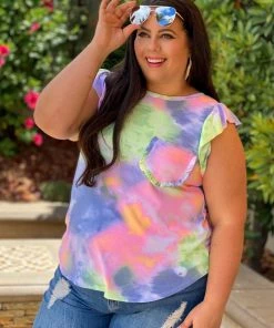 Boutique Simplified Flutter By Tie Dye Ruffled Top