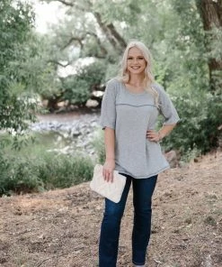 No Ship Drop Ship Sandstone Grey Knit Top