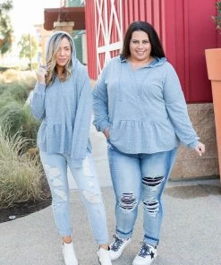 Boutique Simplified Denim Blue's Ruffled Hoodie
