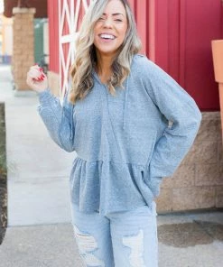 Boutique Simplified Denim Blue's Ruffled Hoodie