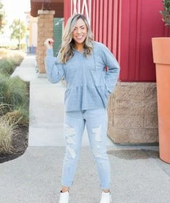 Boutique Simplified Denim Blue's Ruffled Hoodie