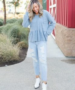 Boutique Simplified Denim Blue's Ruffled Hoodie