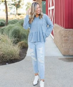 Boutique Simplified Denim Blue's Ruffled Hoodie