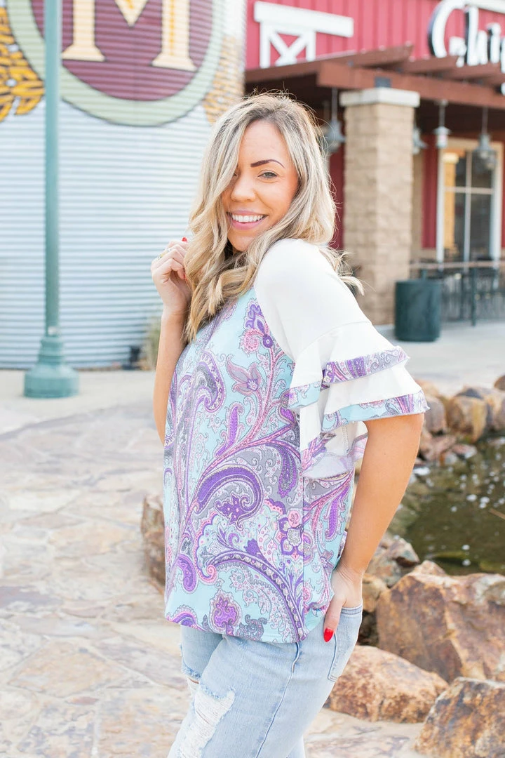 Boutique Simplified Vivacious Paisley Ruffled Raglan 5 Boutique Simplified Vivacious Paisley Ruffled Raglan