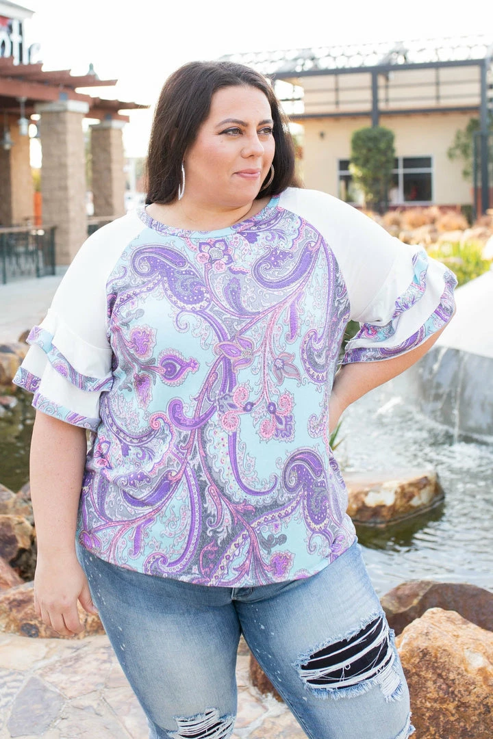 Boutique Simplified Vivacious Paisley Ruffled Raglan 1 Boutique Simplified Vivacious Paisley Ruffled Raglan