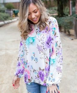 Boutique Simplified Lavender Blooms Bishop Sleeve Top
