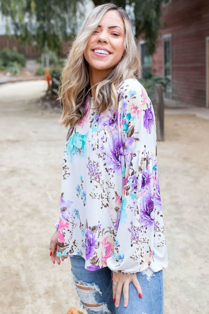 Boutique Simplified Lavender Blooms Bishop Sleeve Top 6 Boutique Simplified Lavender Blooms Bishop Sleeve Top