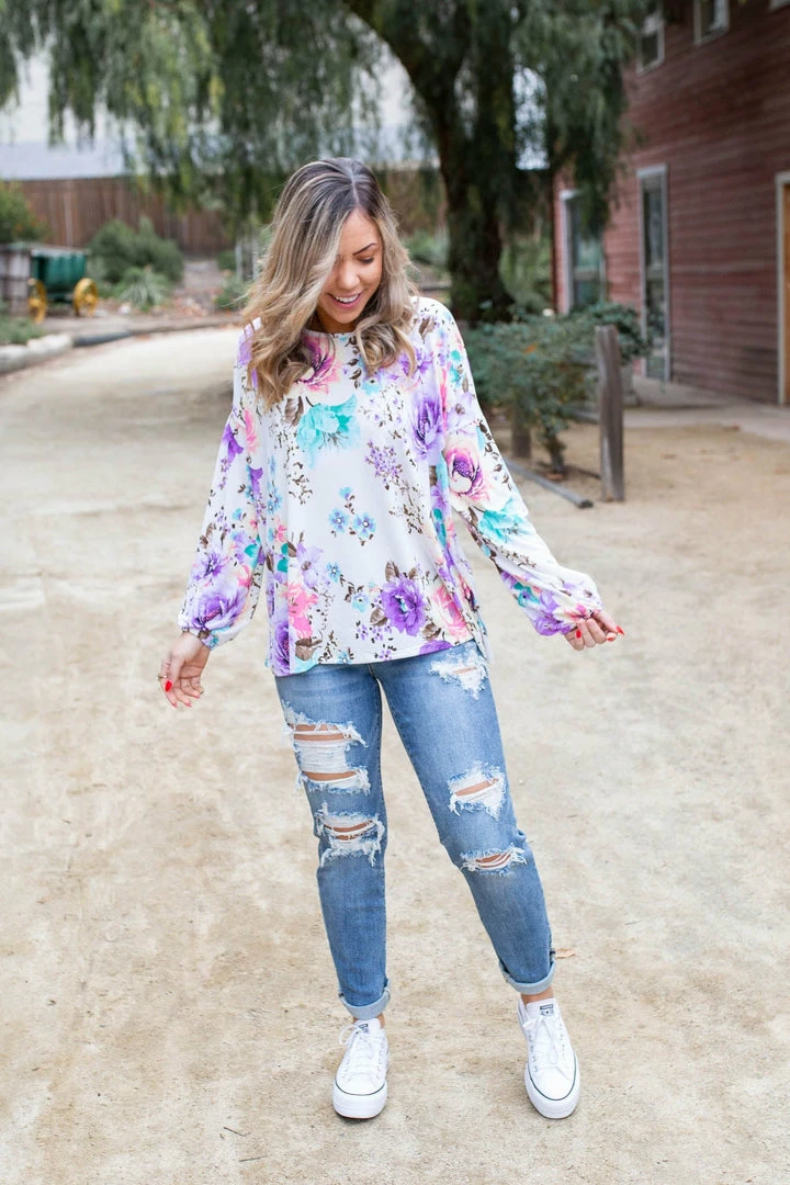 Boutique Simplified Lavender Blooms Bishop Sleeve Top 7 Boutique Simplified Lavender Blooms Bishop Sleeve Top