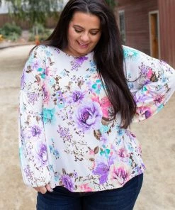 Boutique Simplified Lavender Blooms Bishop Sleeve Top 18 Boutique Simplified Lavender Blooms Bishop Sleeve Top