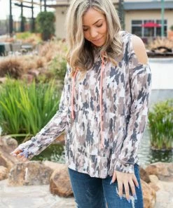 Boutique Simplified Hunting Diva Cold Shoulder Thumbhole Hoodie
