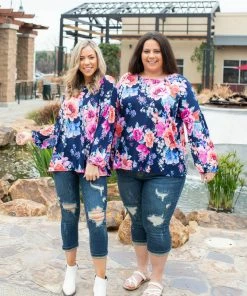 Boutique Simplified Midnight Blooms Bishop Sleeve Top