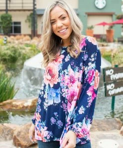 Boutique Simplified Midnight Blooms Bishop Sleeve Top