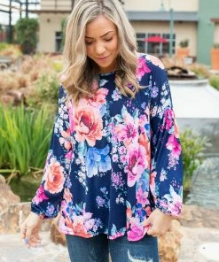 Boutique Simplified Midnight Blooms Bishop Sleeve Top