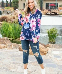 Boutique Simplified Midnight Blooms Bishop Sleeve Top