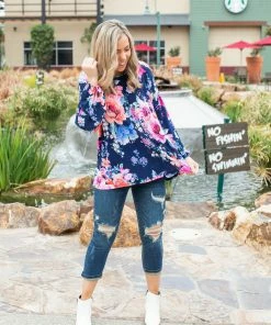 Boutique Simplified Midnight Blooms Bishop Sleeve Top