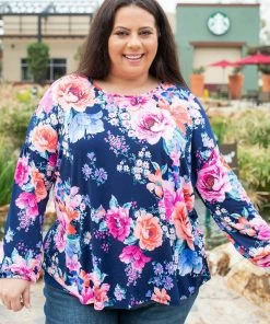 Boutique Simplified Midnight Blooms Bishop Sleeve Top