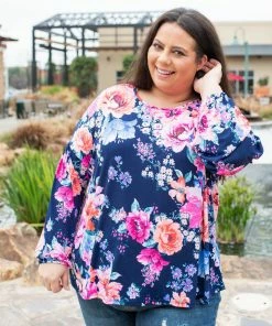 Boutique Simplified Midnight Blooms Bishop Sleeve Top