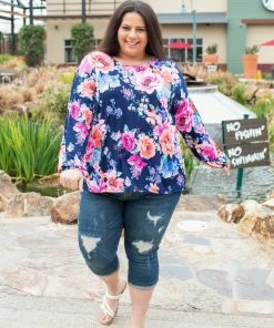 Boutique Simplified Midnight Blooms Bishop Sleeve Top