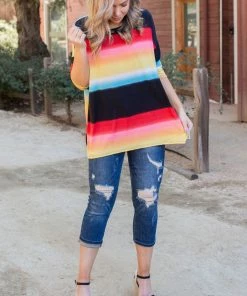 Boutique Simplified Rainbow In The Night Short Sleeve Top