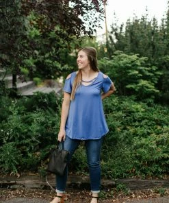 No Ship Drop Ship Steel Blue Magnolias Top Tops