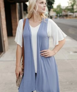No Ship Drop Ship Life Of The Party Sleeveless Cardigan In Periwinkle