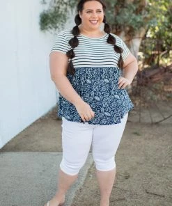 Boutique Simplified Nautical Paisley Babydoll Top