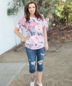 Boutique Simplified Coral Euphoria Ruffle Sleeve Top