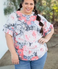 Boutique Simplified Coral Euphoria Ruffle Sleeve Top