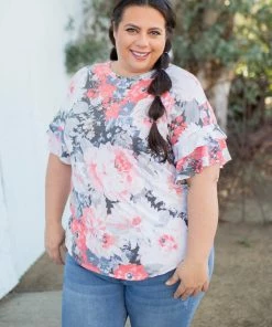 Boutique Simplified Coral Euphoria Ruffle Sleeve Top