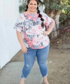 Boutique Simplified Coral Euphoria Ruffle Sleeve Top