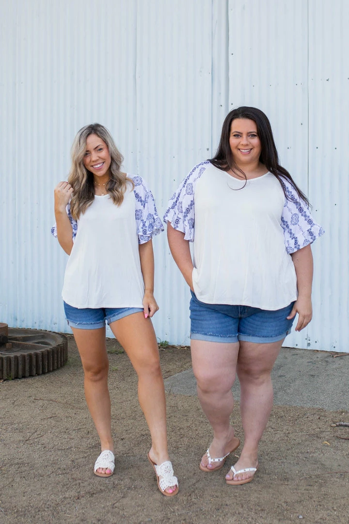 Boutique Simplified Royal Delft Ruffle Sleeve Top 3 Boutique Simplified Royal Delft Ruffle Sleeve Top