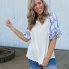 Boutique Simplified Royal Delft Ruffle Sleeve Top