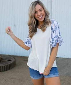 Boutique Simplified Royal Delft Ruffle Sleeve Top