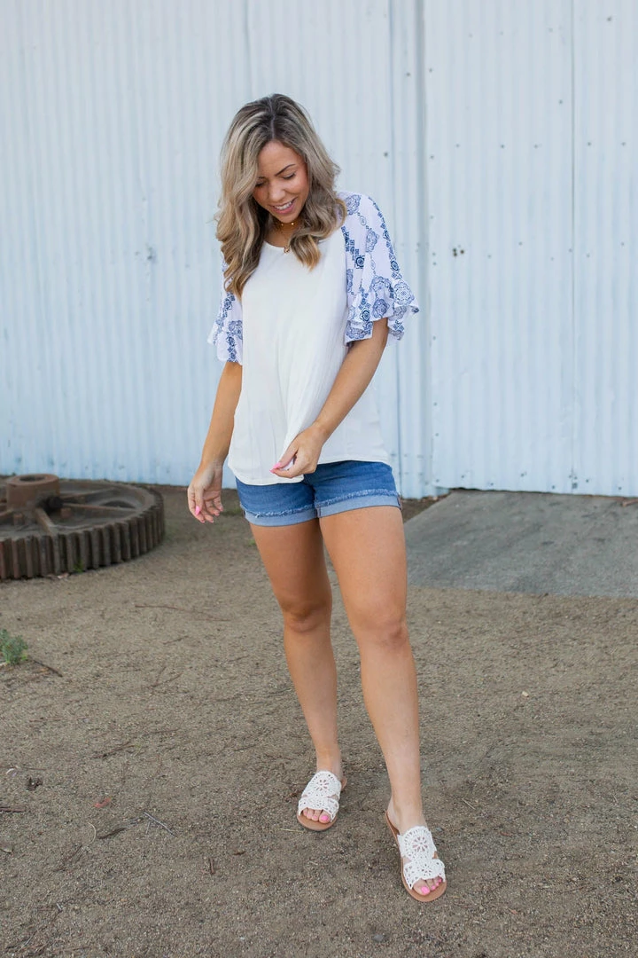 Boutique Simplified Royal Delft Ruffle Sleeve Top 6 Boutique Simplified Royal Delft Ruffle Sleeve Top