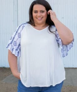 Boutique Simplified Royal Delft Ruffle Sleeve Top