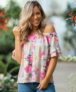 Boutique Simplified 2X Summer Blooms Ruffle Sleeve Top