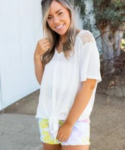 Boutique Simplified Spirited Front Tie Top In White