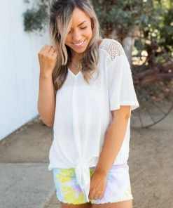 Boutique Simplified Spirited Front Tie Top In White