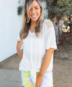 Boutique Simplified Spirited Front Tie Top In White