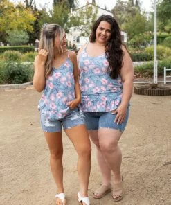 Boutique Simplified Periwinkle Blooms Ruffled Tank