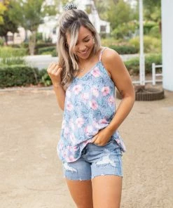 Boutique Simplified Periwinkle Blooms Ruffled Tank
