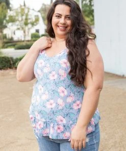 Boutique Simplified Periwinkle Blooms Ruffled Tank 13 Boutique Simplified Periwinkle Blooms Ruffled Tank
