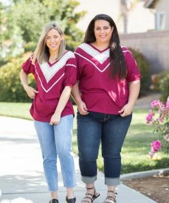 Boutique Simplified Pinot Noir Lace Trim Top