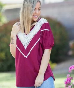 Boutique Simplified Pinot Noir Lace Trim Top