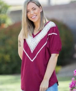 Boutique Simplified Pinot Noir Lace Trim Top