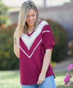 Boutique Simplified Pinot Noir Lace Trim Top