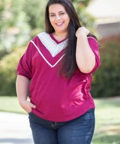 Boutique Simplified Pinot Noir Lace Trim Top