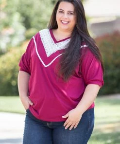 Boutique Simplified Pinot Noir Lace Trim Top