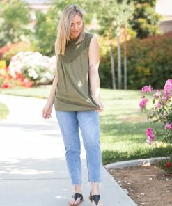 Boutique Simplified Boho Charm Sleeveless Top In Olive