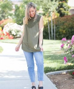 Boutique Simplified Boho Charm Sleeveless Top In Olive